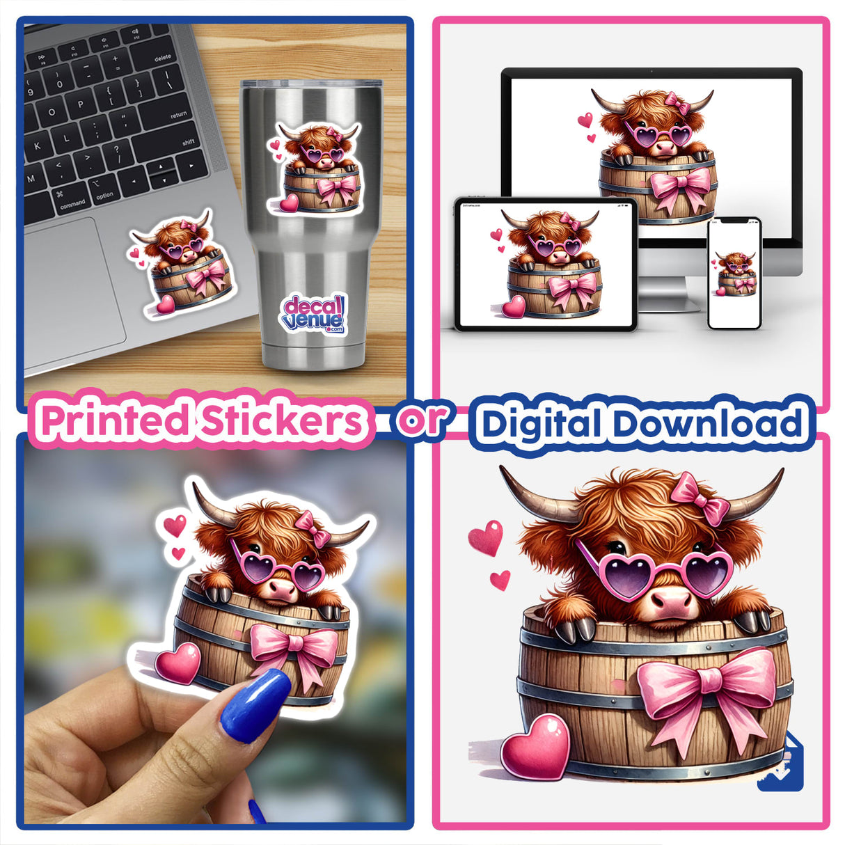 Highland Cow in Coquette Barrel sticker set featuring cartoon cows with pink sunglasses, available as vinyl stickers or digital artwork. Perfect for decorating laptops or other surfaces.