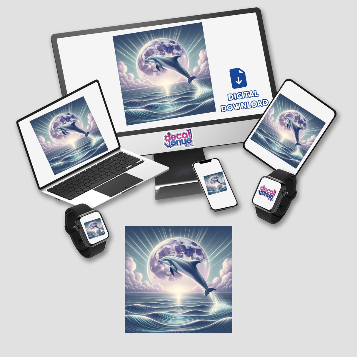 Dolphin Leaping Above the Ocean at Moonrise displayed on a laptop and computer screen, available as stickers or digital artwork, showcasing a dolphin jumping out of the water.