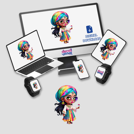 Computer monitor, laptop, and smartwatch displaying a colorful ethnic illustration of a fashionable Arabic girl with flowers, available as stickers or digital artwork from Decal Venue.