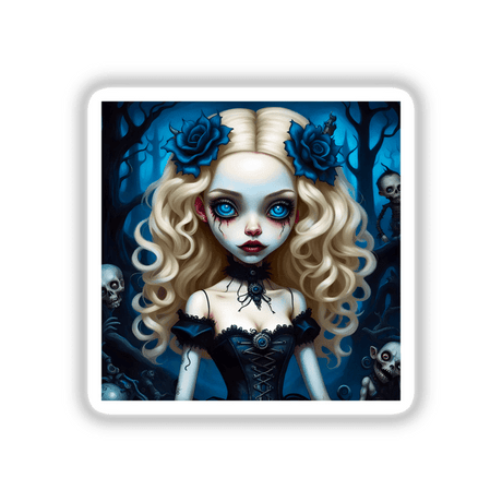 Girls of Gothic sticker featuring a cartoon girl with blue eyes, long blonde hair, flowers, and a necklace. Available as unique stickers or digital artwork.