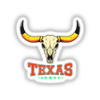 Texas USA Skull Design sticker features a bull skull with prominent horns, integrating bold text elements, available as unique vinyl stickers or digital artwork from Decal Venue.