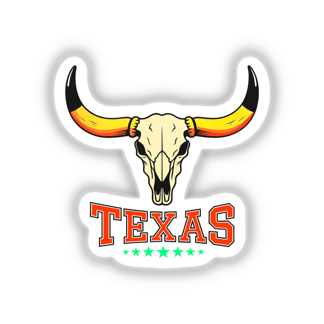 Texas USA Skull Design sticker features a bull skull with prominent horns, integrating bold text elements, available as unique vinyl stickers or digital artwork from Decal Venue.