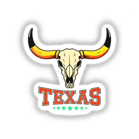 Texas USA Skull Design sticker features a bull skull with prominent horns, integrating bold text elements, available as unique vinyl stickers or digital artwork from Decal Venue.