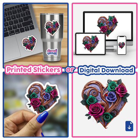 Bronze Swirl Heart with Green, Pink, and Purple Roses displayed as a collage of heart shapes and floral designs, available as unique stickers or digital artwork from Decal Venue.