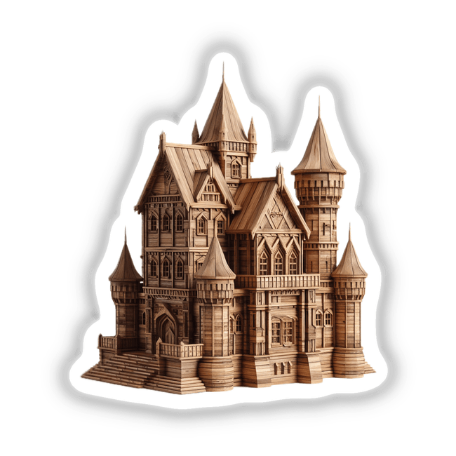 Carved Wood Castle featuring intricate towers and pointed roofs, available as unique stickers or digital artwork from Decal Venue. Perfect for adding a touch of medieval charm to your space.