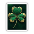 Shamrock – Green Clover with Gold and Jewel Accents: A detailed close-up of a green and gold four-leaf clover design, available as stickers or digital artwork, showcasing intricate jewel embellishments.