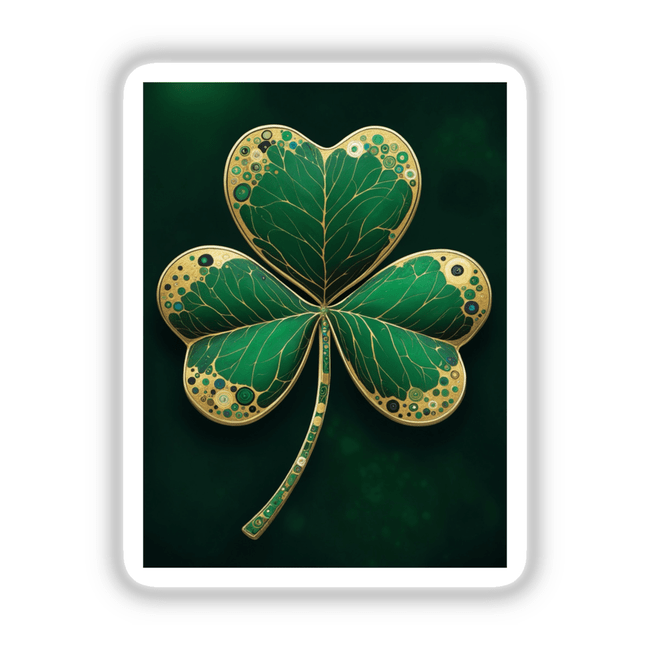 Shamrock – Green Clover with Gold and Jewel Accents: A detailed close-up of a green and gold four-leaf clover design, available as stickers or digital artwork, showcasing intricate jewel embellishments.