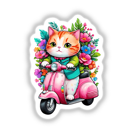 Cat Cruising on Vintage Pink Scooter with Floral: Cartoon cat riding a pink scooter adorned with flowers, available as stickers or digital artwork.