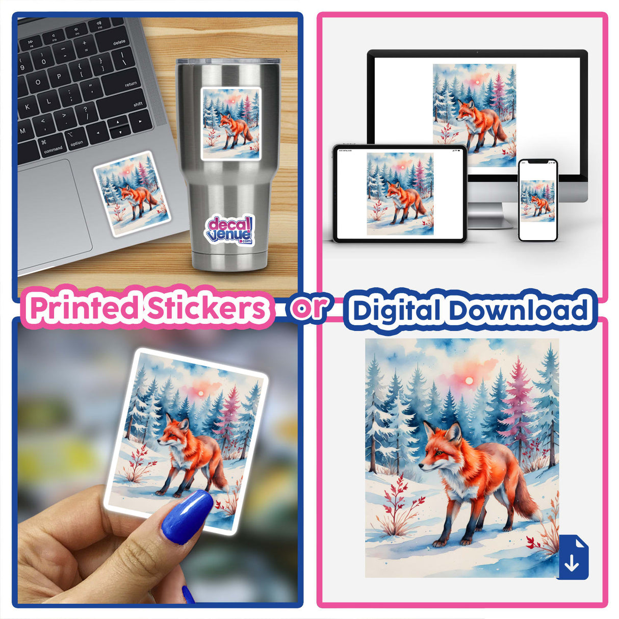 Collage featuring A Red Fox In A Winter Forest as stickers or digital artwork, showcasing a fox amidst snow, available for laptops or other surfaces at Decal Venue.