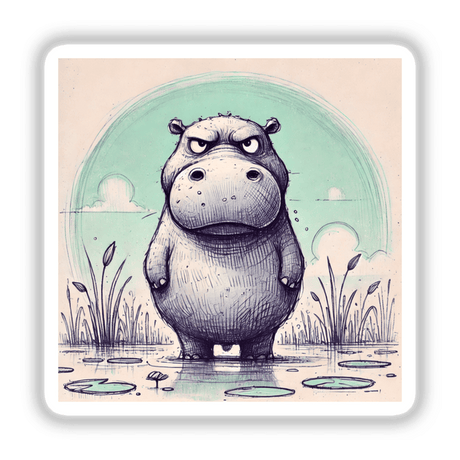 Frowning Hippo in a Pond: Cartoon hippo standing in a puddle, available as stickers or digital artwork from Decal Venue.