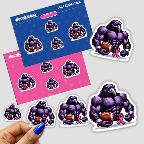 Muscular Purple Raven Bird Football Breast Cancer Awareness sticker featuring a cartoon purple bird holding a football with a pink ribbon. Available as stickers or digital artwork.