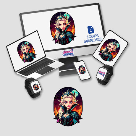 An Evil Queen Anime Girl depicted on various digital devices, showcasing her regal appearance with a crown and cape, available as stickers or digital artwork from Decal Venue.