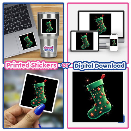 Green Stocking with Red Ribbon and Holiday Lights, depicted in various views, showcasing its festive design. Part of Decal Venue's unique stickers and digital artwork collection.