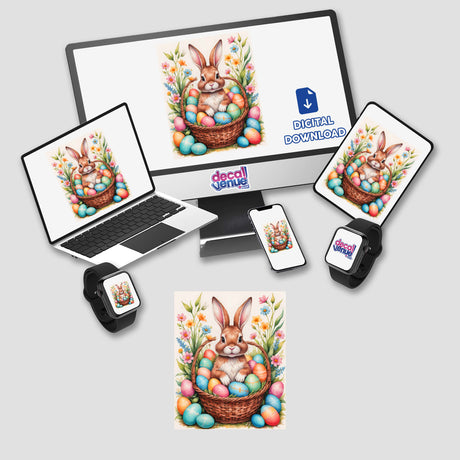 A Cute Easter Bunny In A Basket With Eggs displayed on a computer monitor and laptop, available as stickers or digital artwork, reflecting Decal Venue's unique vinyl stickers and digital art offerings.