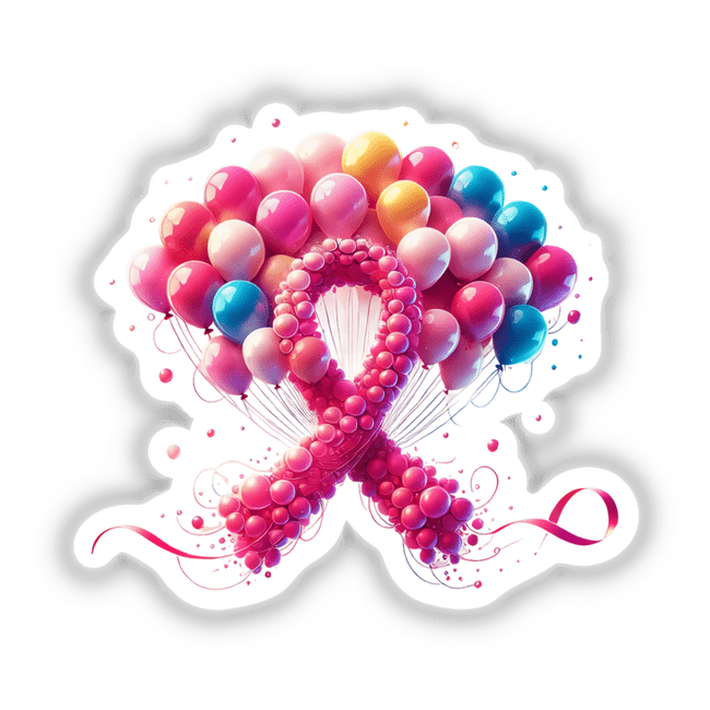 Balloons Pink Ribbon Breast Cancer artwork features a pink ribbon surrounded by colorful balloons, available as stickers or digital art.