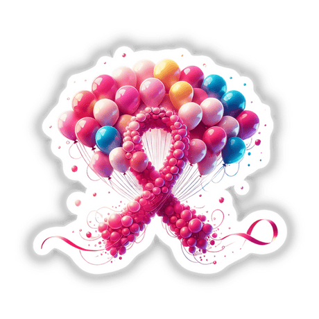 Balloons Pink Ribbon Breast Cancer artwork features a pink ribbon surrounded by colorful balloons, available as stickers or digital art.