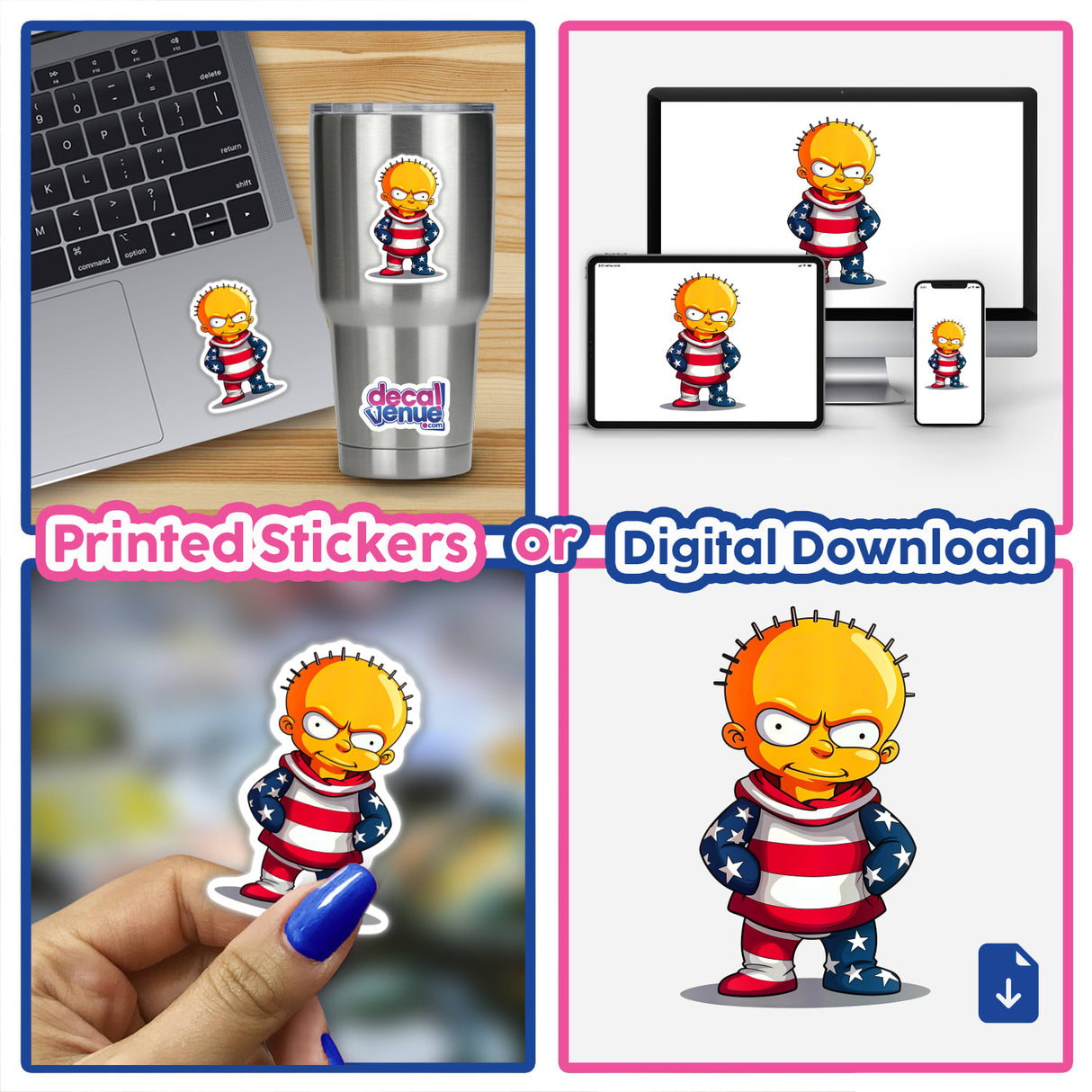 A Funny Guy With An American Flag Outfit depicted in a collage, available as stickers or digital artwork, featuring a cartoon character with red, white, and blue attire.