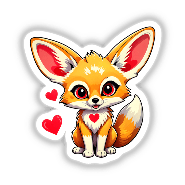 Cartoon of a cute fennec fox with love hearts, showcasing its large ears and expressive eyes, available as stickers or digital artwork from Decal Venue.