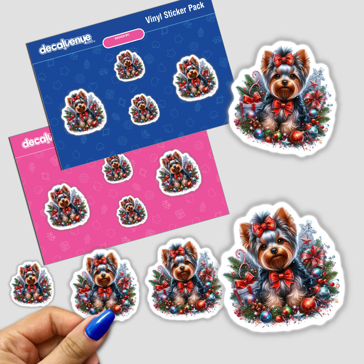 Christmas Yorkie Dog stickers featuring festive Yorkies with bows and ornaments, available as physical stickers or digital artwork.