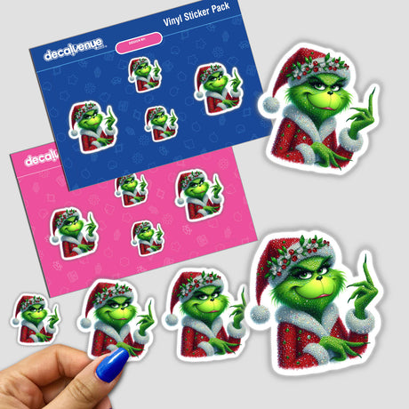 Up Your Chimney Green Grouch Rhinestone Santa sticker pack features green cartoon characters in Santa outfits, held in a hand, showcasing Decal Venue's unique sticker and digital art offerings.