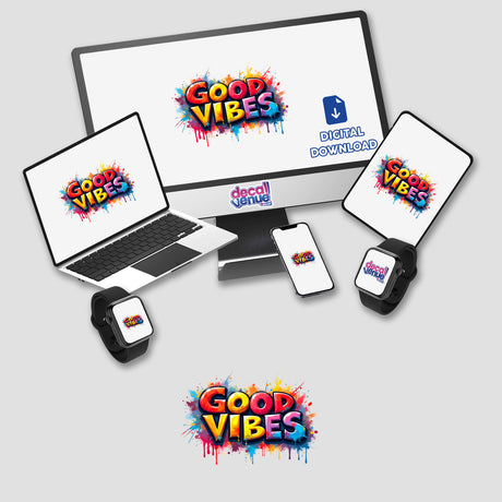 Good Vibes Graffiti Art featuring digital artwork with a colorful text design and paint splatters, displayed on a laptop, monitor, and phone, available as stickers or digital artwork.