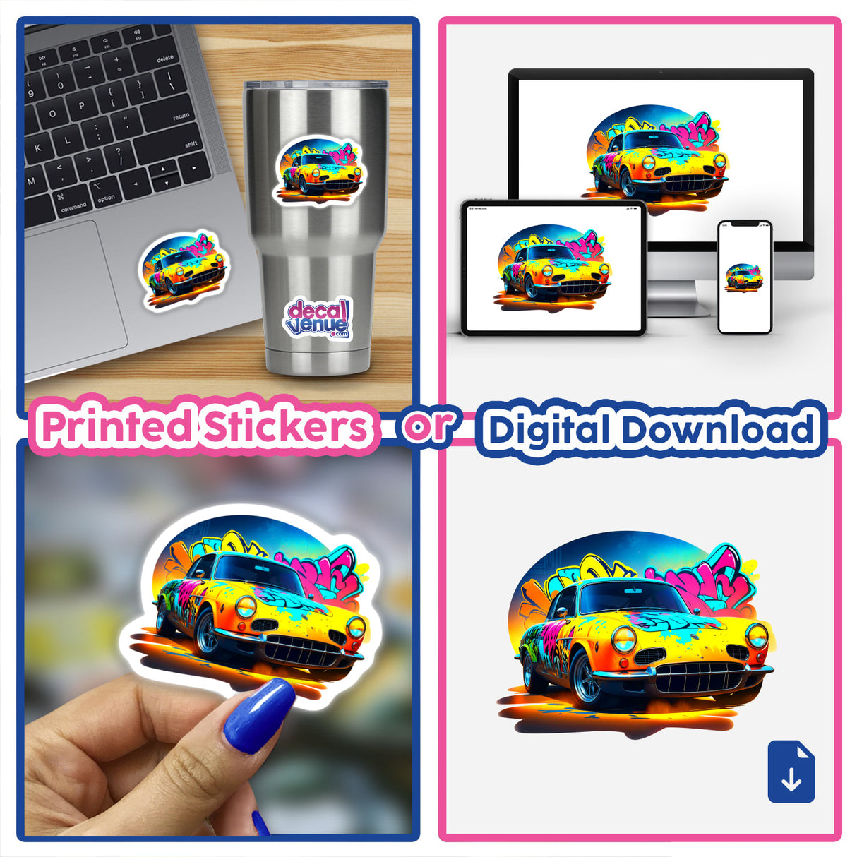 Collage featuring 'A Classic Graffiti Car' as vinyl stickers or digital artwork, showcasing vibrant graffiti designs on cars and laptops, highlighting Decal Venue's unique sticker and art collection.