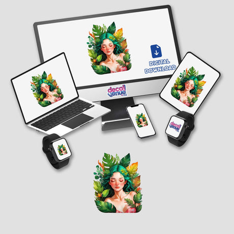 Sticker Design: Woman Resting Amidst Lush Tropical Greenery; features a digital and sticker artwork of a woman with green hair surrounded by leaves, visible on various devices like a monitor and laptop.