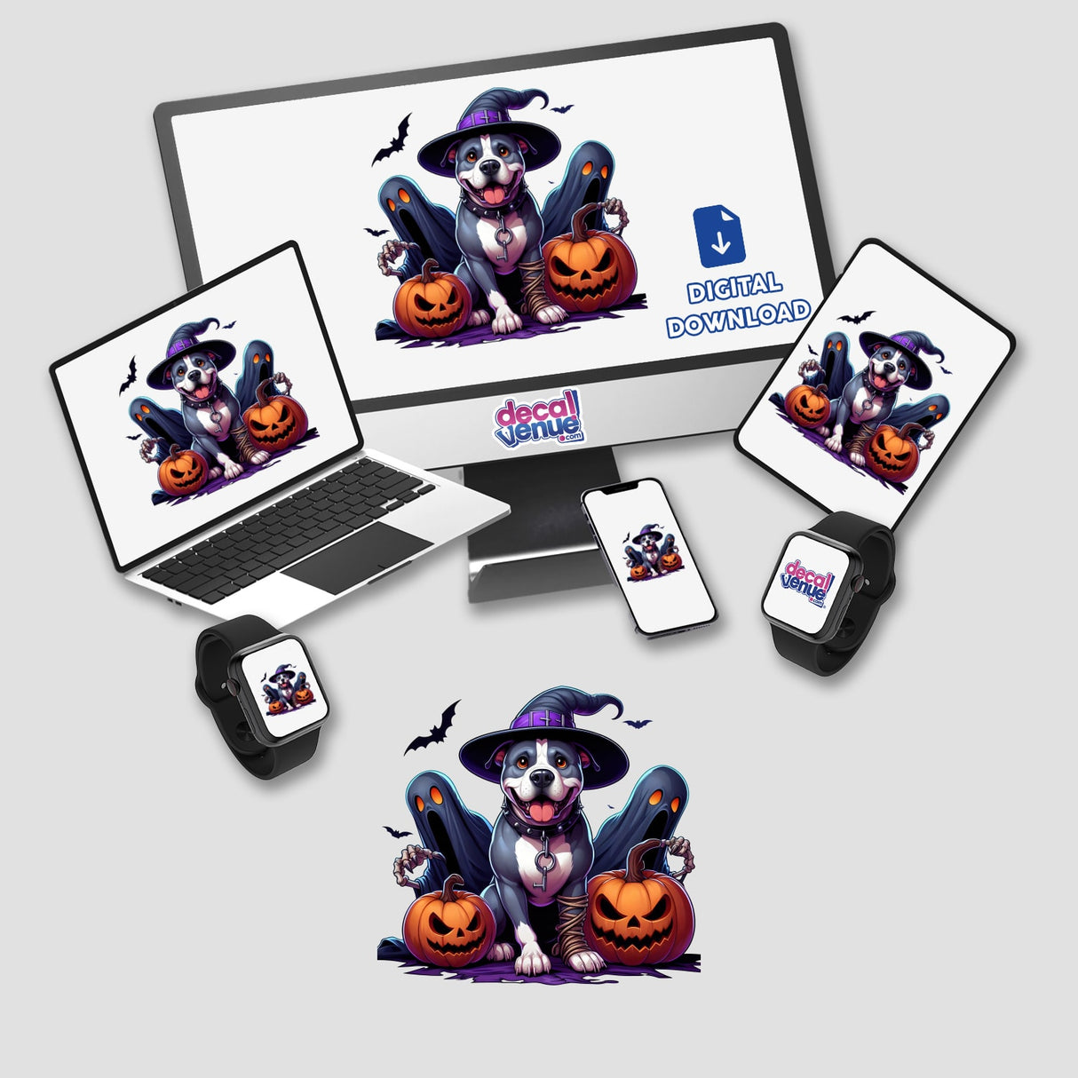 Cute Pitbull dog in Halloween witch costume with pumpkins and ghosts, digital artwork for Decal Venue store