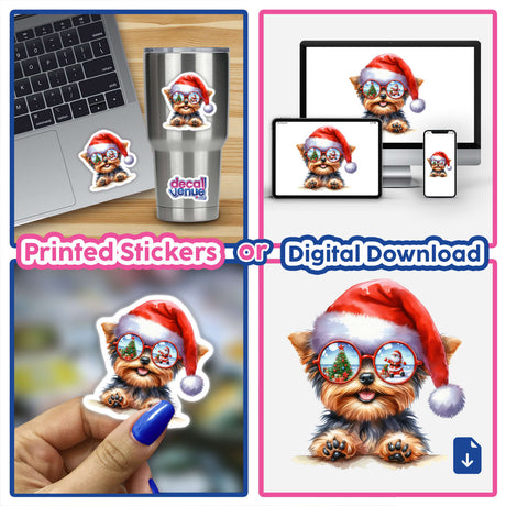 Christmas Santa Yorkie with Sunglasses: A whimsical sticker or digital artwork featuring a cartoon Yorkie wearing sunglasses and a Santa hat, perfect for adding festive charm to laptops or cups.