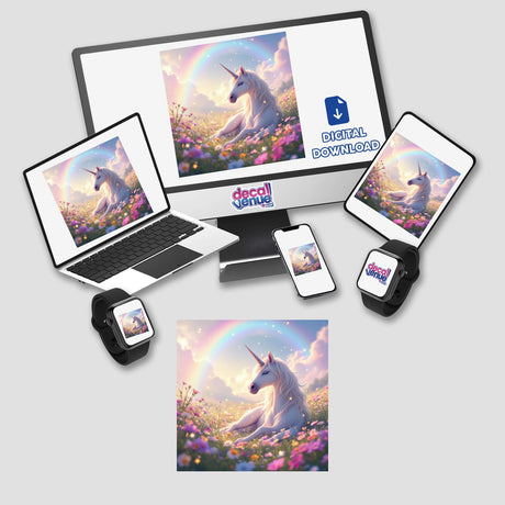 a computer, phone, and tablet all have unicorn images on them