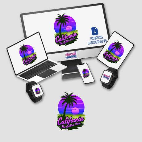 California The Golden State digital artwork featuring a logo with palm trees and a sunset is displayed on a laptop, phone, and smart watch, available as stickers or digital art.