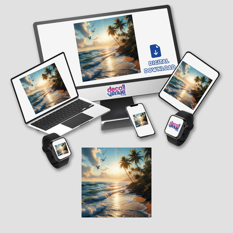 Golden Beach Sunset – Waves, Palm Trees, and Flying Seagulls depicted on a laptop, tablet, and phone screen, available as stickers or digital artwork from Decal Venue.