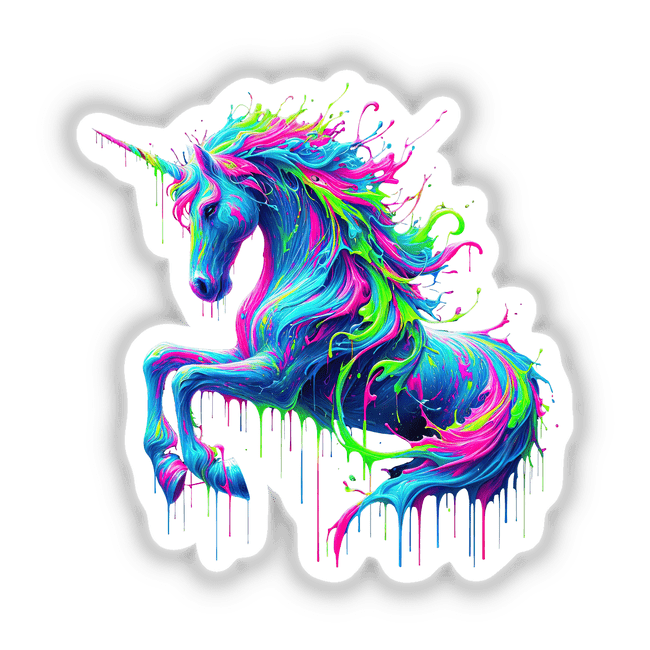 Psychedelic Drip Unicorn - Vibrant Fluid Fantasy features a unicorn adorned with dynamic paint splashes, available as stickers or digital artwork, embodying Decal Venue's unique artistic flair.