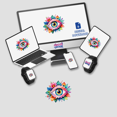 Third Eye Vision stickers or digital artwork featuring a colorful eye with floral elements displayed on a computer monitor, laptop, and smartwatch.