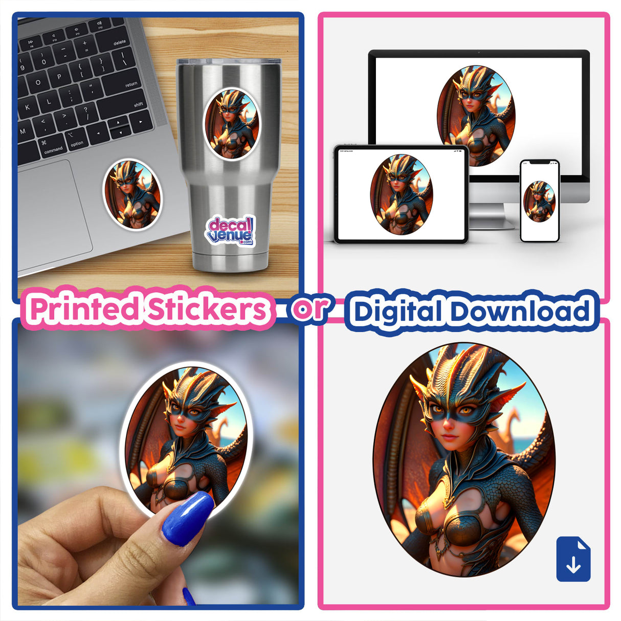 Collage showcasing A Beautiful Fantasy Dragon Girl as a vinyl sticker or digital artwork, featuring a woman adorned in a fantasy-themed garment, available at Decal Venue.