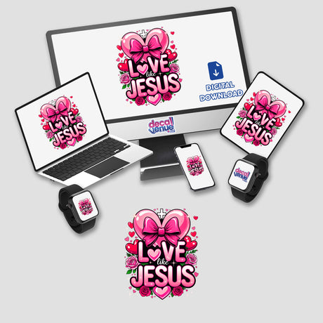 Love Like Jesus Valentine Hearts digital artwork featuring a laptop and monitor with pink heart and floral designs, ideal as unique stickers or digital art from Decal Venue.