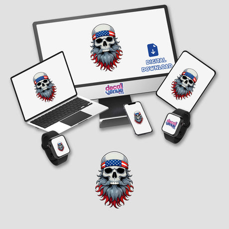 A Cool Skull With An American Flag Bandana displayed on various digital screens, available as stickers or digital artwork, showcasing a bearded skull with a flag-themed bandana in a cartoon style.