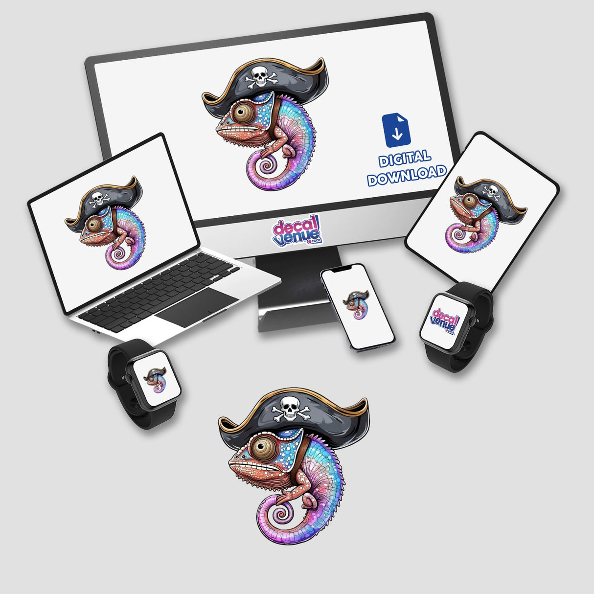 Pirate Chameleon with a Skull Hat and Colorful Scales on computer monitor and devices, showcasing unique vinyl stickers or digital artwork from Decal Venue.