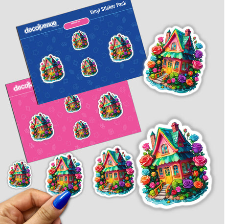 Whimsical Rose House Sticker - Charming Floral Kawaii Architecture Design featuring a cartoon house surrounded by flowers, available as stickers or digital artwork.