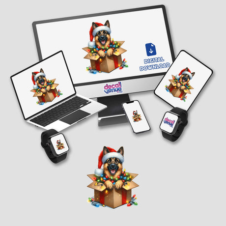 Christmas Lights Santa German Shepherd Dog in Gift Box displayed on various screens, featuring a playful scene with the dog wearing a Santa hat and holding Christmas lights, available as stickers or digital artwork.