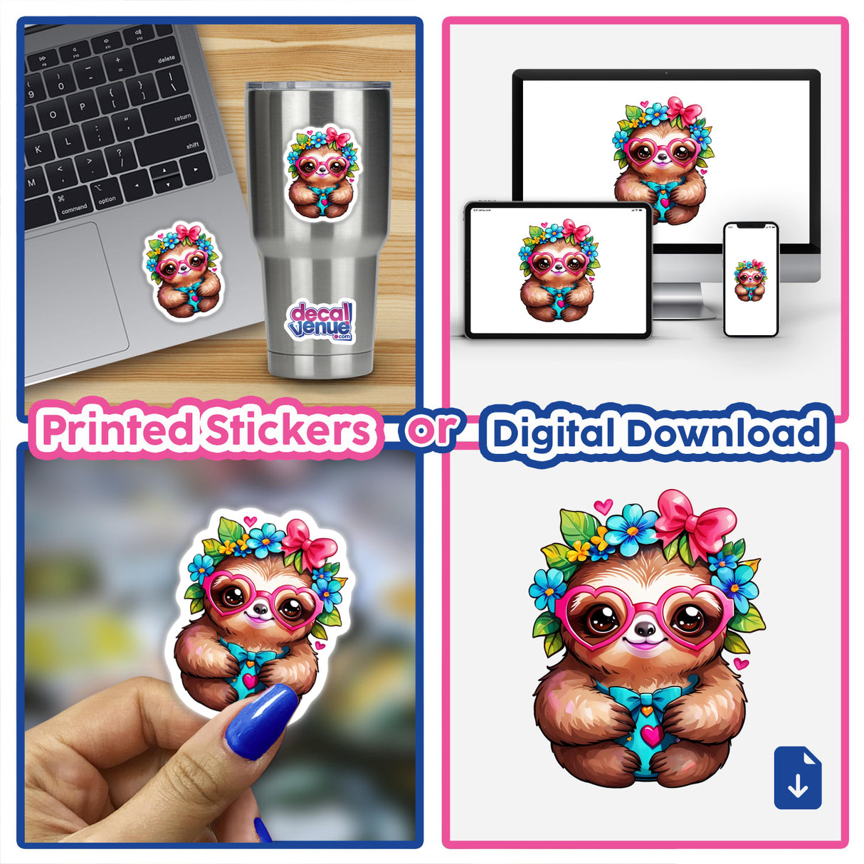 Cute sloth in heart-shaped glasses and flower crown sticker, shown on various surfaces including a laptop and a cup, part of Decal Venue's unique stickers and digital art collection.