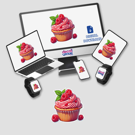 Vibrant raspberry-filled cupcake with creamy frosting, topped with fresh berries and mint leaves, featured on digital devices of the Decal Venue store selling unique stickers and digital artwork.