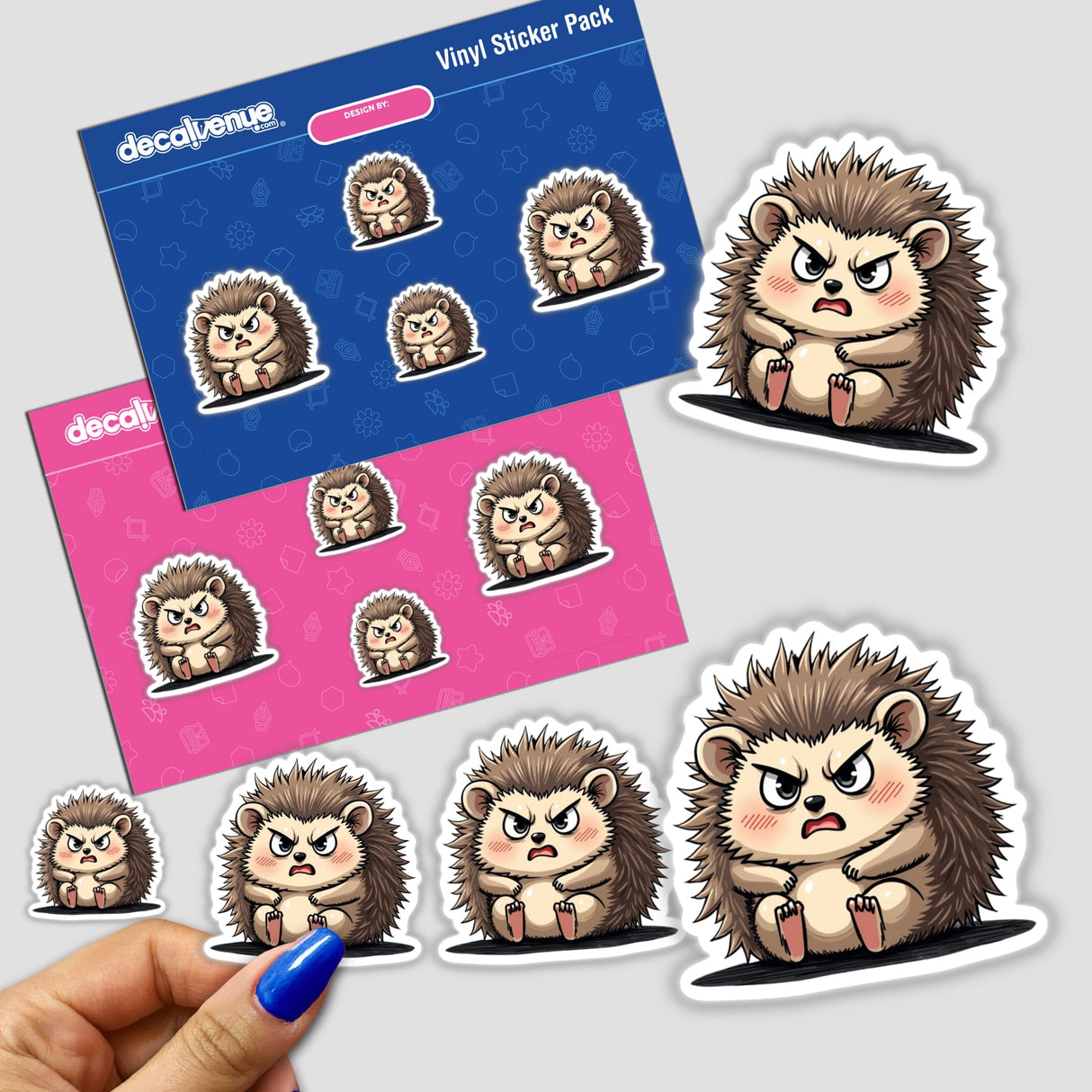 Cute Angry Hedgehog Cartoon stickers featuring various playful hedgehog illustrations, available as physical stickers or digital artwork.