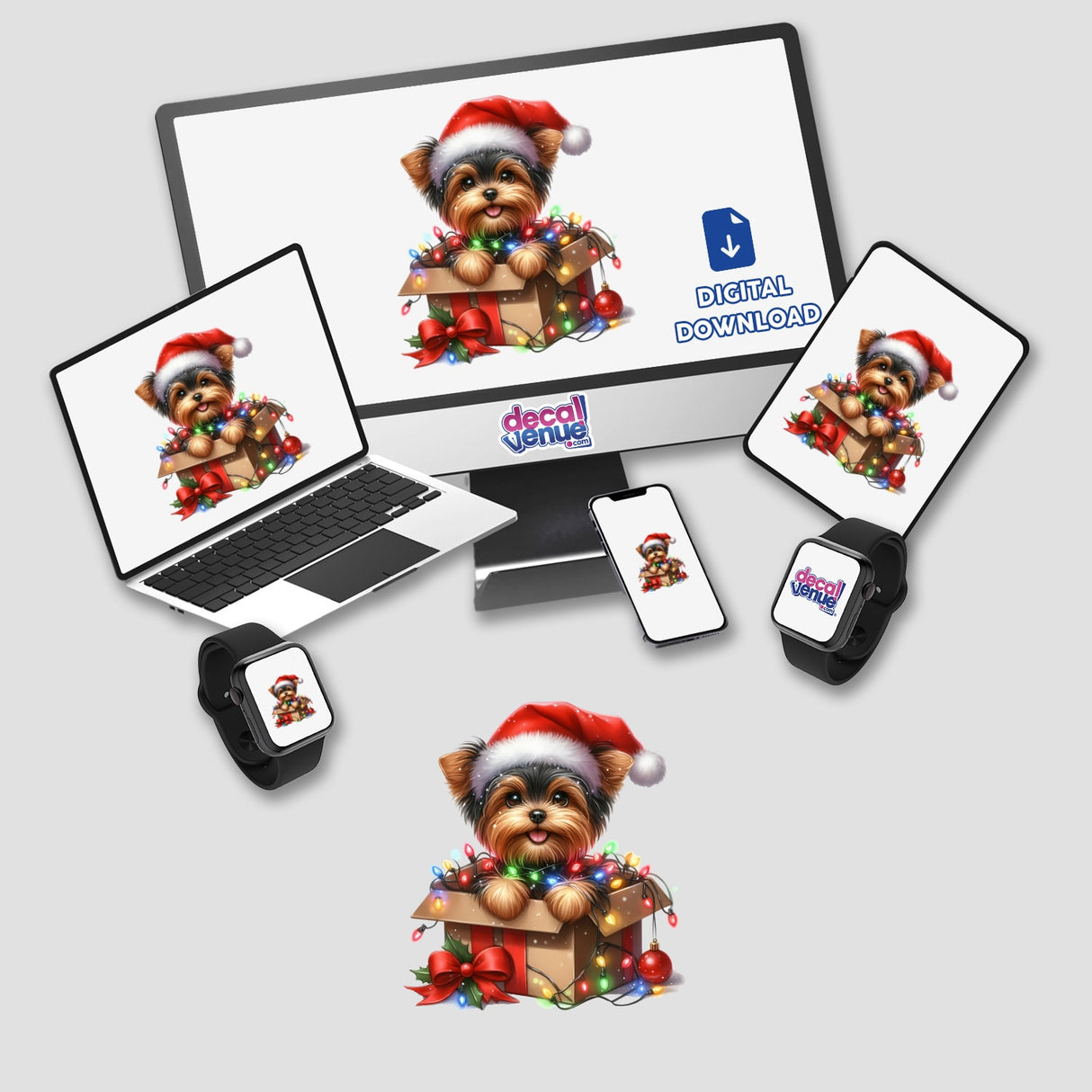 Christmas Lights Santa Yorkie in Gift Box II depicted on various devices, showcasing a Yorkie in a Santa hat with Christmas lights, available as unique stickers or digital artwork.