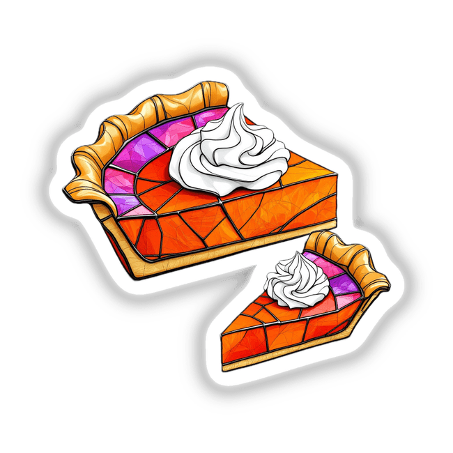 Pumpkin Pie with Whipped Cream Stained Glass Style illustration, available as stickers or digital artwork, featuring a stylized piece of pie topped with whipped cream, perfect for unique decor or digital projects.