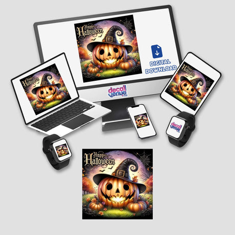 Bronze Halloween Series 9: Digital artwork featuring a computer and laptop displaying a pumpkin on the screen, available as stickers or digital art from Decal Venue.