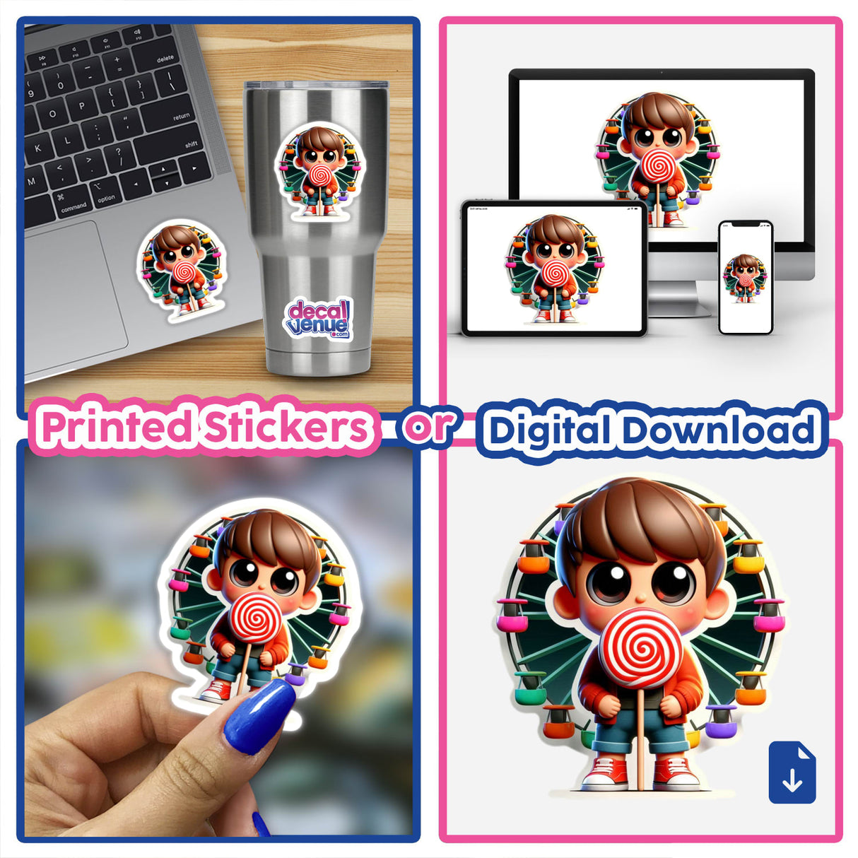 Happy Kid cartoon character collage featuring stickers, digital artwork, and close-ups of the character holding a lollipop, showcased on various surfaces like laptops and cups.