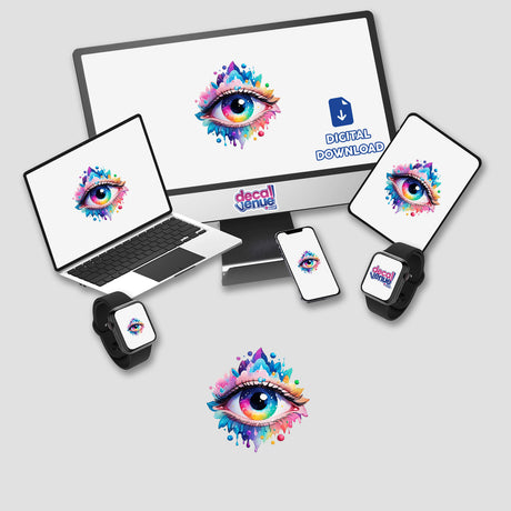 Colorful Splash Third Eye Sticker depicted on computer monitor, laptop, tablet, and smartwatch screens, showcasing a vibrant eye design. Available as stickers or digital artwork from Decal Venue.