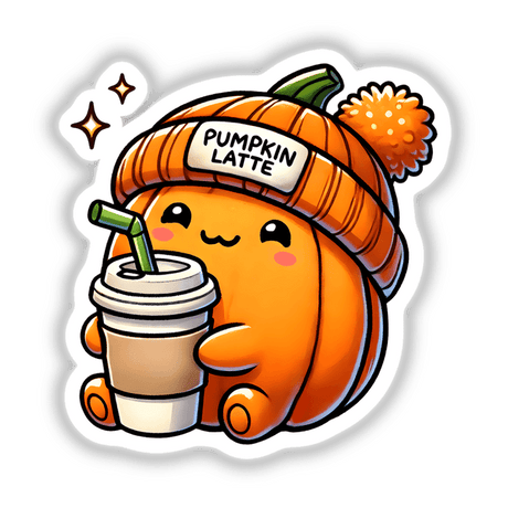 Cute Pumpkin with Latte sticker or digital artwork featuring a cartoon pumpkin holding a drink with a straw.