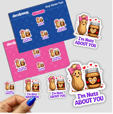 I'm Nuts About You stickers featuring cartoon peanuts with pink bows, alongside envelopes adorned with quirky characters, available as stickers or digital artwork from Decal Venue.